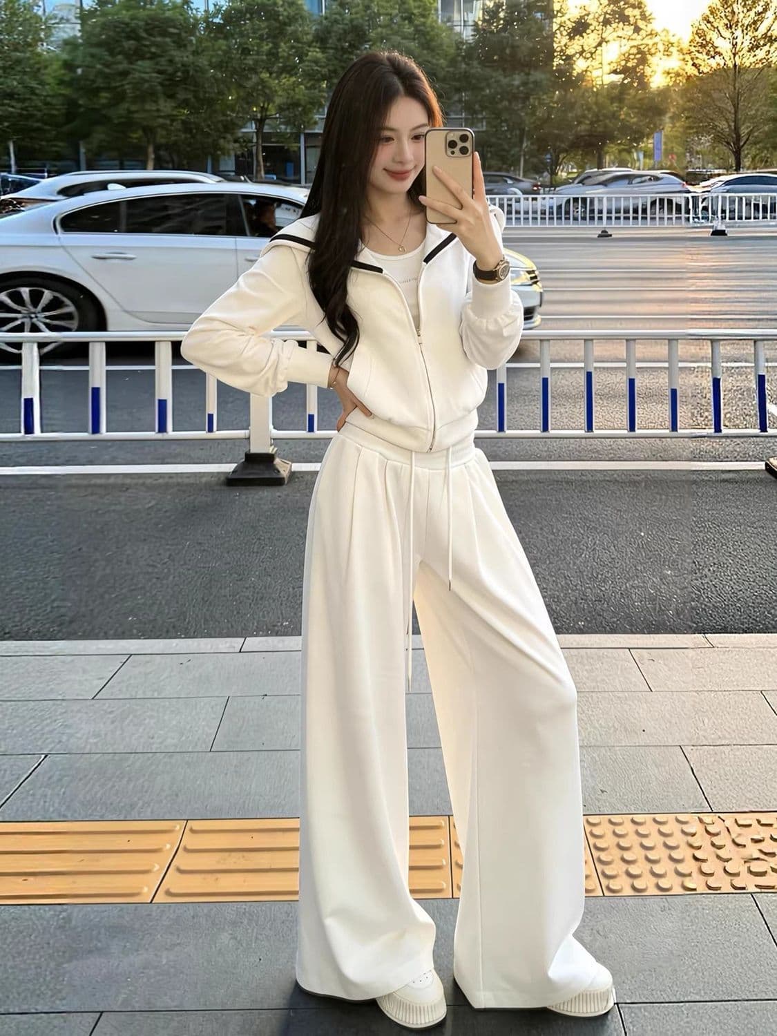 캐주얼 스포츠 슈트 여성 봄 가을 새로운 패션 외국 가스 후드 티 스웨터 와이드 레그 팬츠 투피스 세트 트렌디 상세 이미지 3
