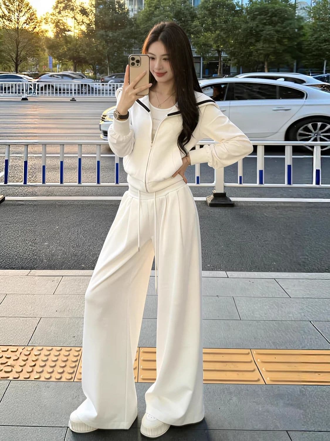 캐주얼 스포츠 슈트 여성 봄 가을 새로운 패션 외국 가스 후드 티 스웨터 와이드 레그 팬츠 투피스 세트 트렌디 상세 이미지 6