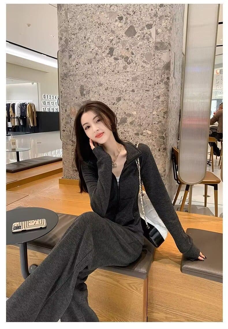 느긋한 바람 캐주얼 운동복 세트 여성 봄 새로운 한국 스타일 슬림해 보이는 후드티 와이드 레그 팬츠 투피스 세트 상세 이미지 14