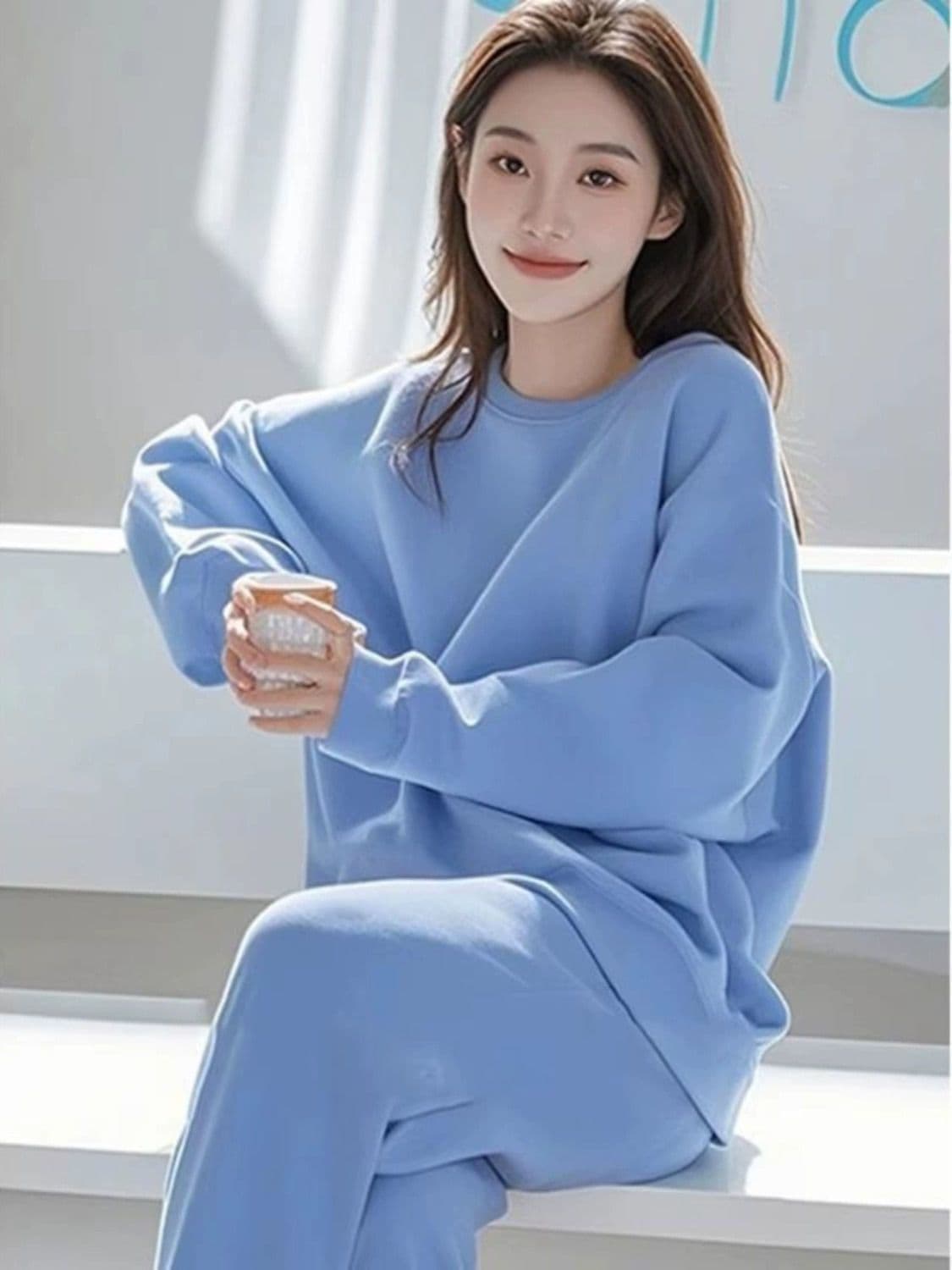 고급 센스 한 부서 전체 집합 봄 가을 캐주얼 루즈핏 단색 라운드 넥 후드티 와이드 레그 팬츠 투피스 세트