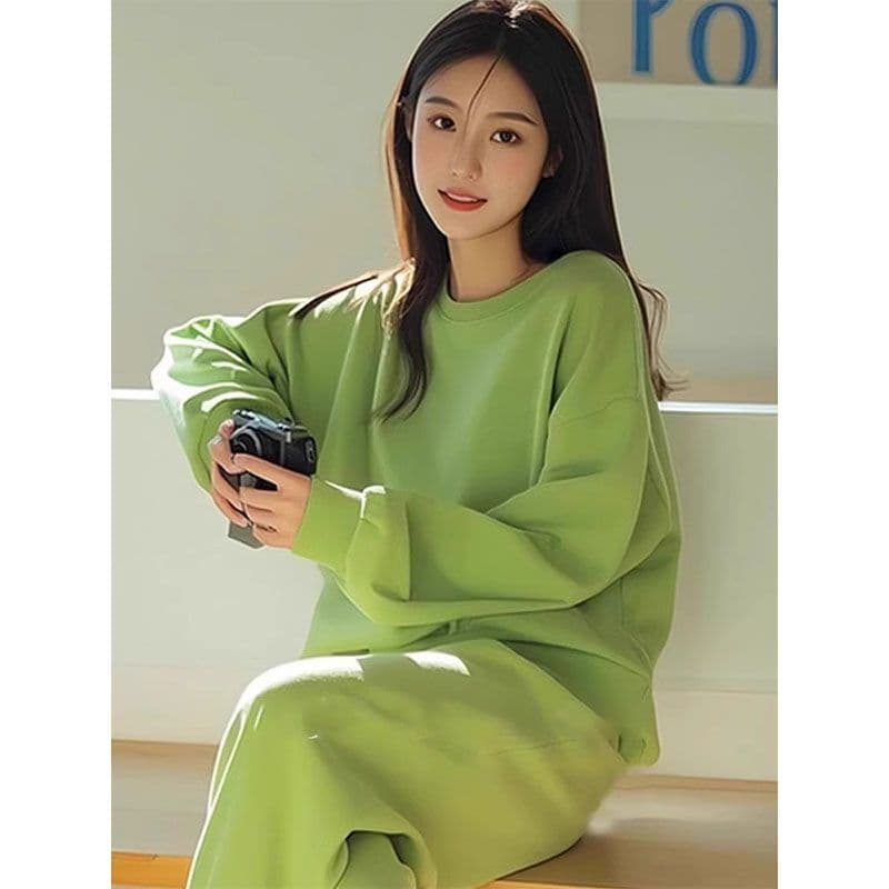 고급 센스 한 부서 전체 집합 봄 가을 캐주얼 루즈핏 단색 라운드 넥 후드티 와이드 레그 팬츠 투피스 세트 상세 이미지 5