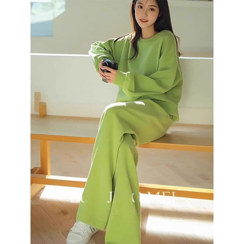고급 센스 한 부서 전체 집합 봄 가을 캐주얼 루즈핏 단색 라운드 넥 후드티 와이드 레그 팬츠 투피스 세트 상세 이미지 7