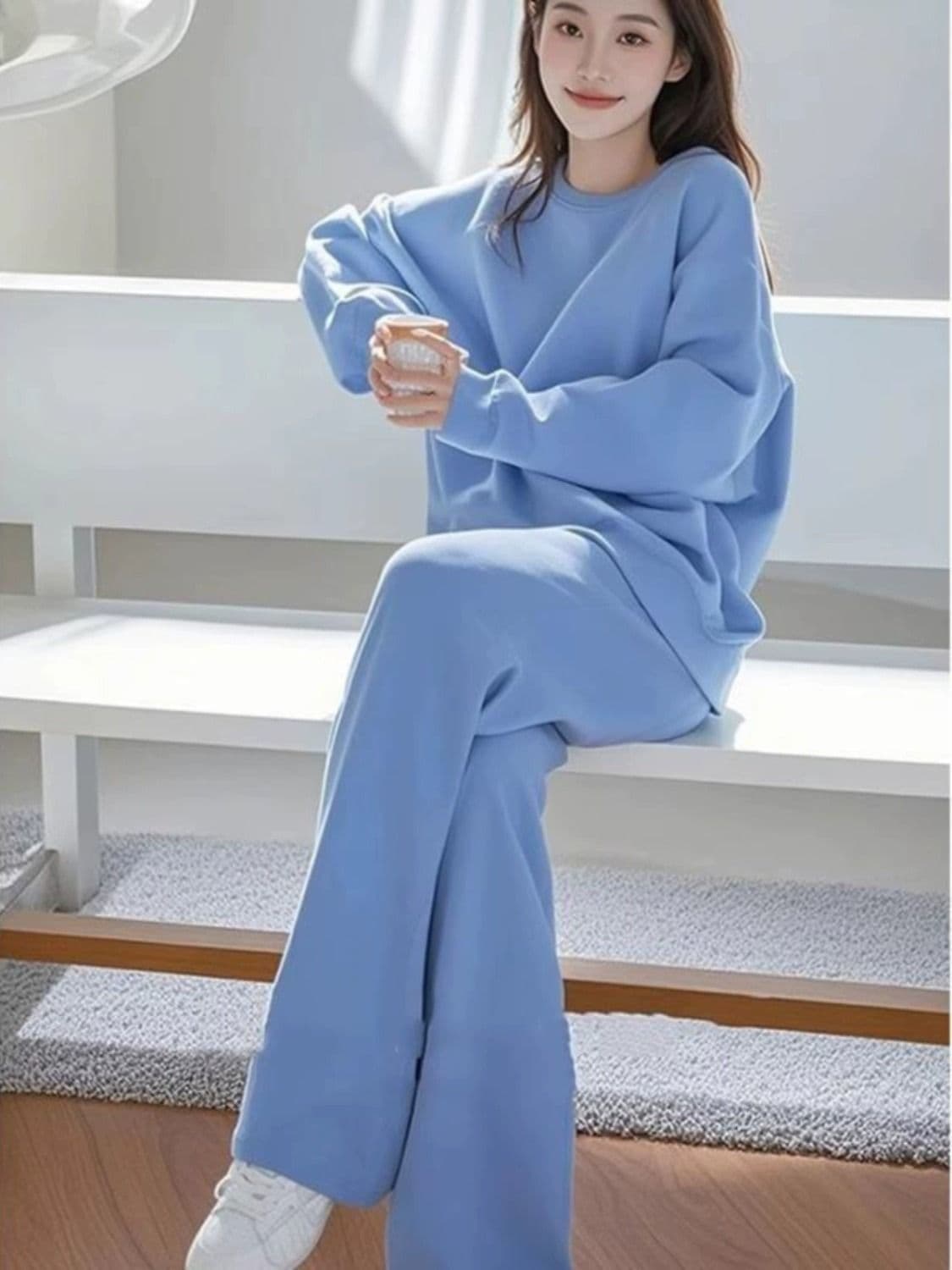 고급 센스 한 부서 전체 집합 봄 가을 캐주얼 루즈핏 단색 라운드 넥 후드티 와이드 레그 팬츠 투피스 세트 상세 이미지 11