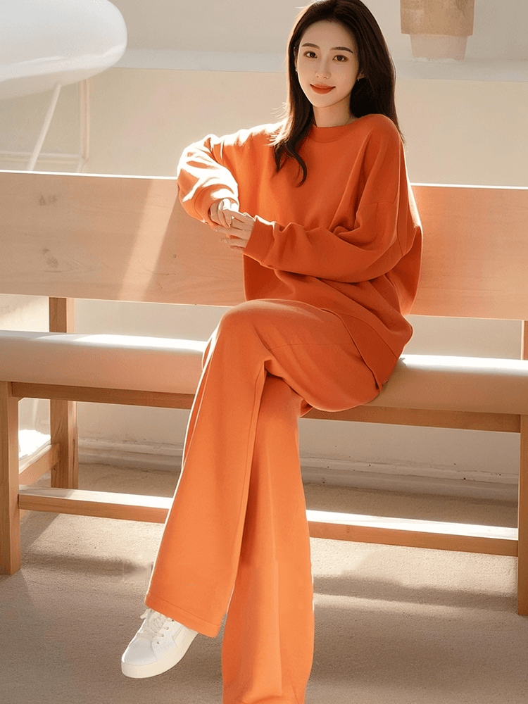 고급 센스 한 부서 전체 집합 봄 가을 캐주얼 루즈핏 단색 라운드 넥 후드티 와이드 레그 팬츠 투피스 세트 상세 이미지 14