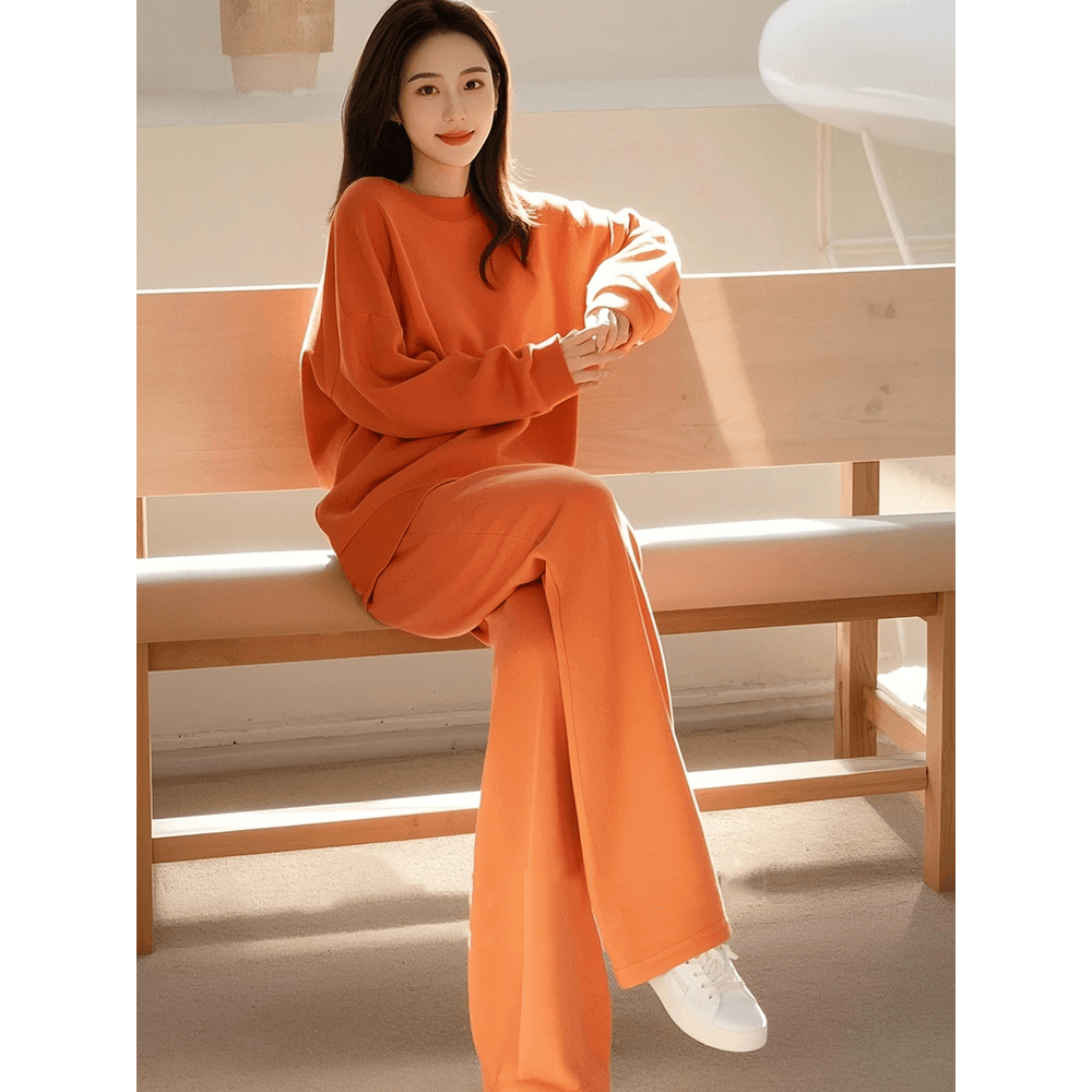 고급 센스 한 부서 전체 집합 봄 가을 캐주얼 루즈핏 단색 라운드 넥 후드티 와이드 레그 팬츠 투피스 세트 상세 이미지 15