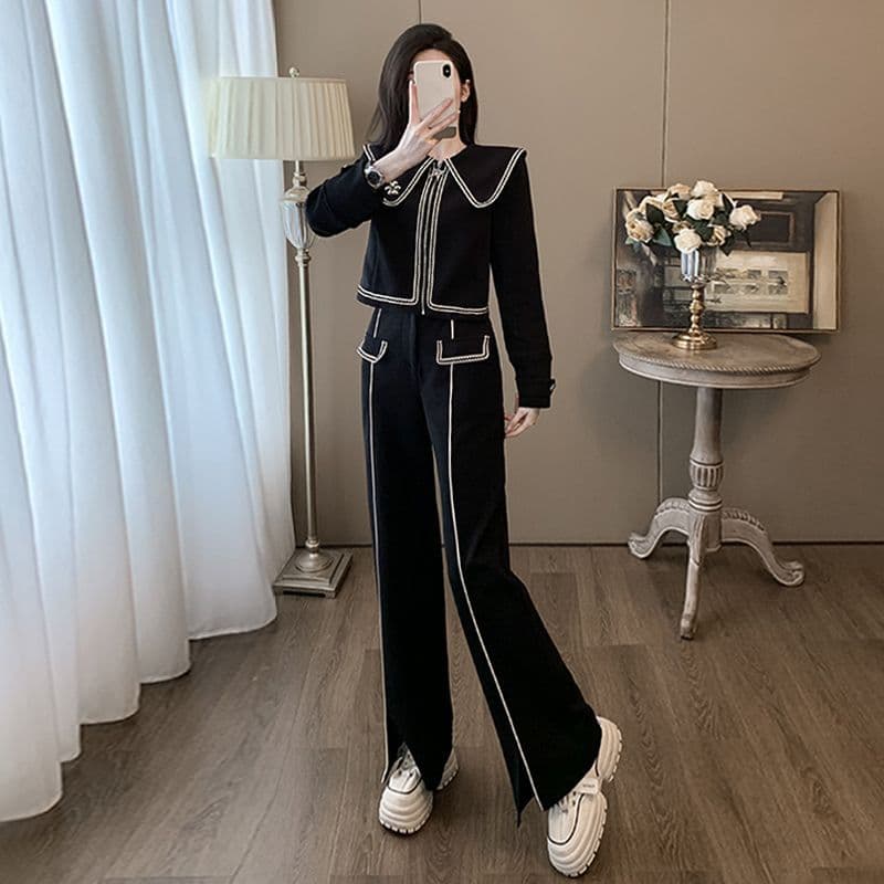 고급 센스 한 부서 전체 집합 봄 가을 캐주얼 루즈핏 단색 라운드 넥 후드티 와이드 레그 팬츠 투피스 세트 이미지 2