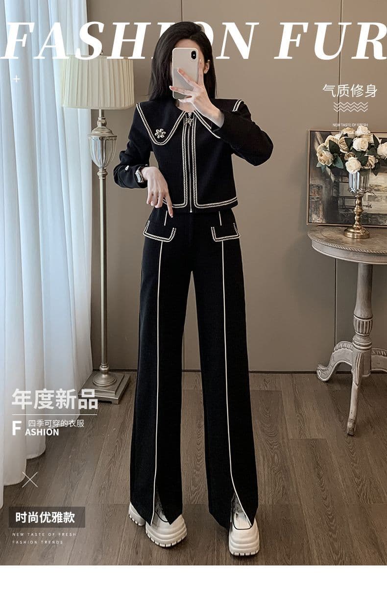 고급 센스 한 부서 전체 집합 봄 가을 캐주얼 루즈핏 단색 라운드 넥 후드티 와이드 레그 팬츠 투피스 세트 상세 이미지 3