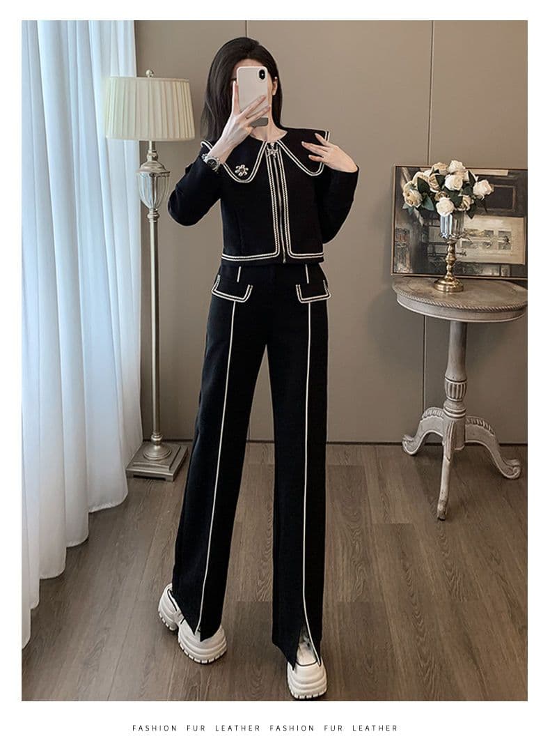 고급 센스 한 부서 전체 집합 봄 가을 캐주얼 루즈핏 단색 라운드 넥 후드티 와이드 레그 팬츠 투피스 세트 상세 이미지 4