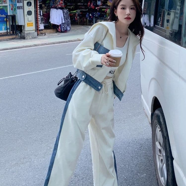 데님 패치워크 캐주얼 스포츠 슈트 여성 가을 겨울 2026 새로운 인기 연령 감소 학원 스타일