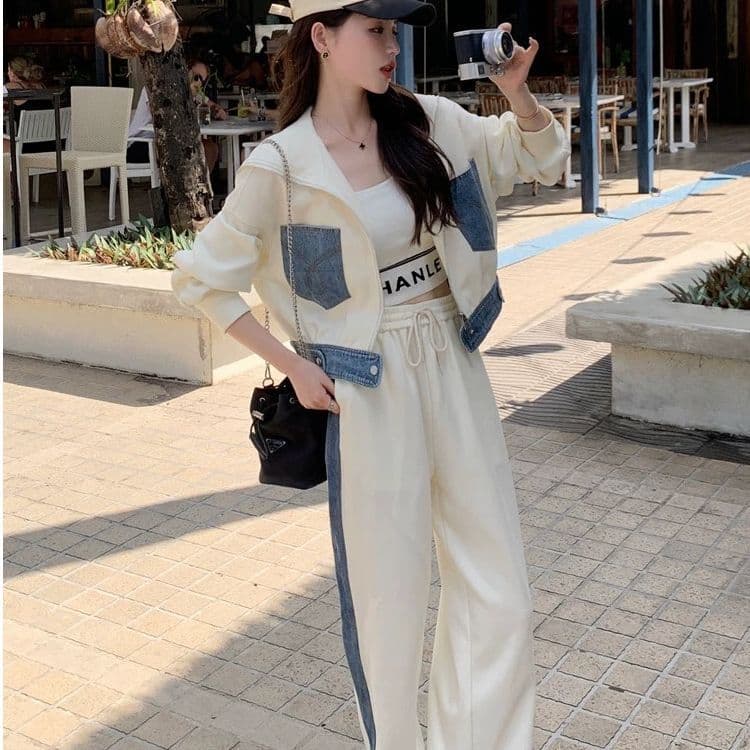 데님 패치워크 캐주얼 스포츠 슈트 여성 가을 겨울 2026 새로운 인기 연령 감소 학원 스타일 이미지 3