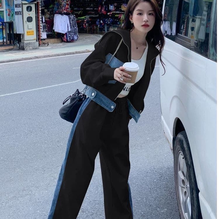데님 패치워크 캐주얼 스포츠 슈트 여성 가을 겨울 2026 새로운 인기 연령 감소 학원 스타일 이미지 2