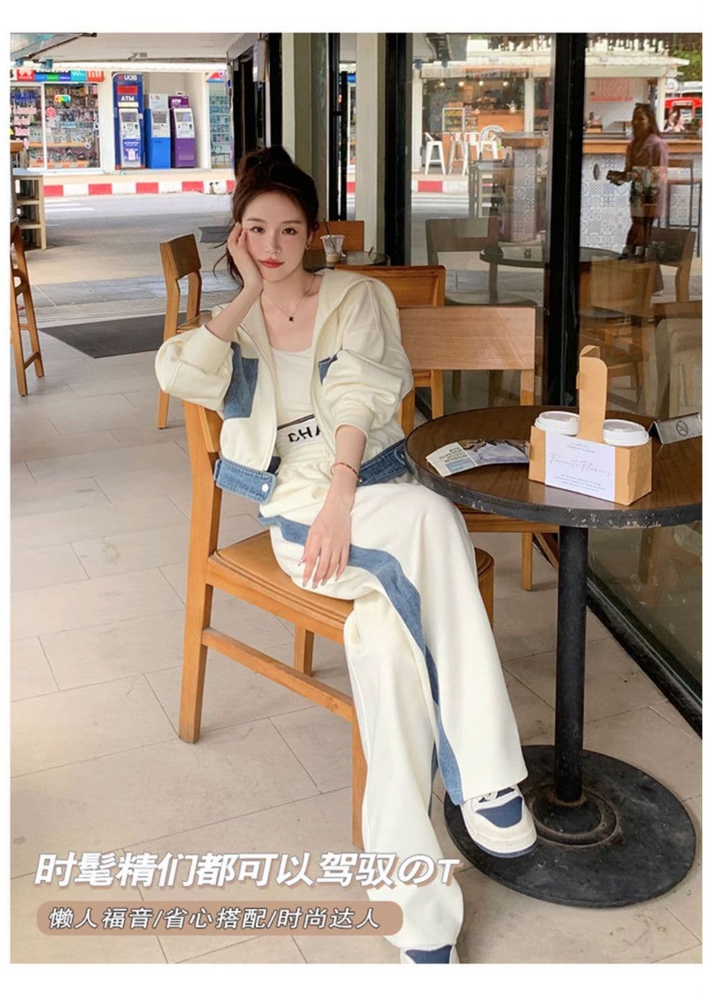 데님 패치워크 캐주얼 스포츠 슈트 여성 가을 겨울 2026 새로운 인기 연령 감소 학원 스타일 상세 이미지 3