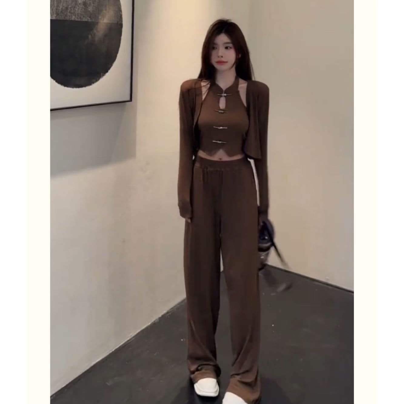패션 캐주얼 세트 여성 봄 가을 2026 새로운 세련된 연령 감소 외국 가스 긴팔 재킷 와이드 레그 팬츠 3종 세트 이미지 5