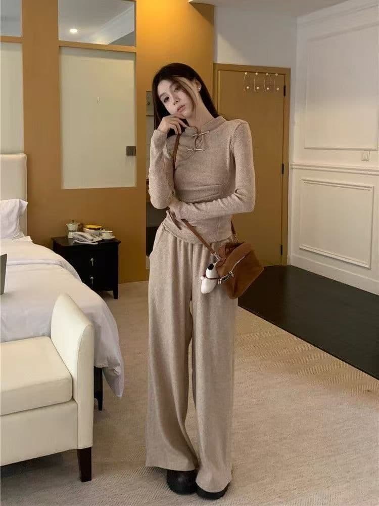 새로운 중식 중국풍 패션 착용 잡아라. 의류 와이드 레그 팬츠 두 조각 여성 세트 가을 겨울철 새로운 품격 캐주얼 세트 상세 이미지 5
