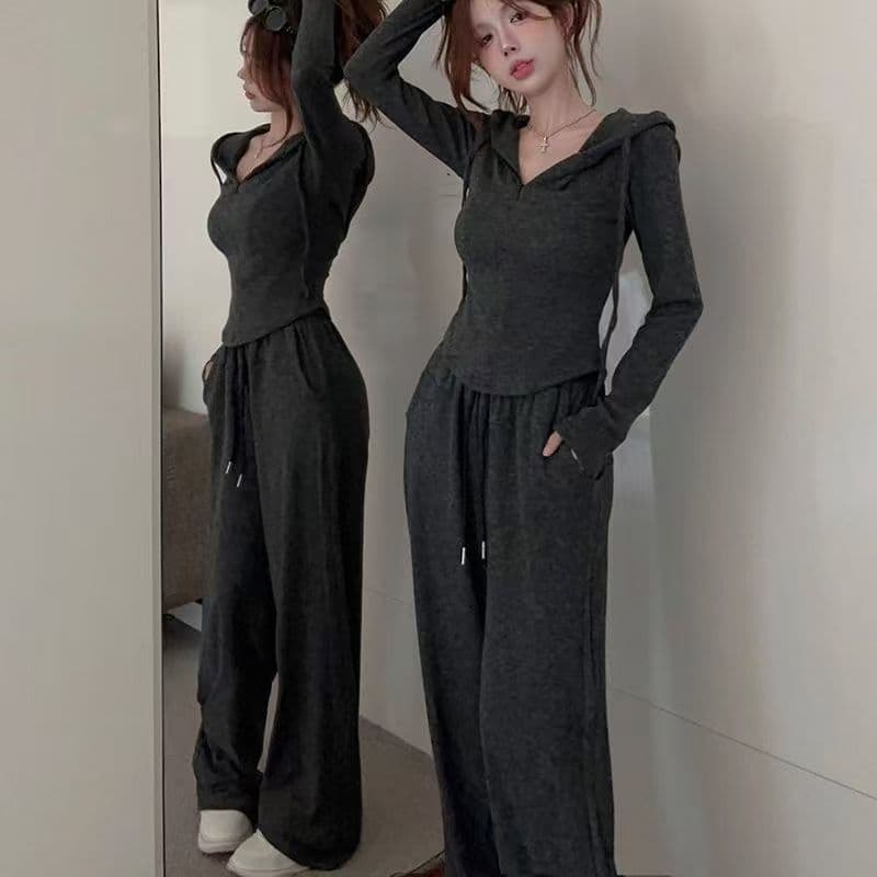 운동 캐주얼 투피스 세트 후드 티 스웨터 재킷 여성 의류 봄 와이드 레그 팬츠 긴 바지 2026 새로운 패션 세트 상세 이미지 8