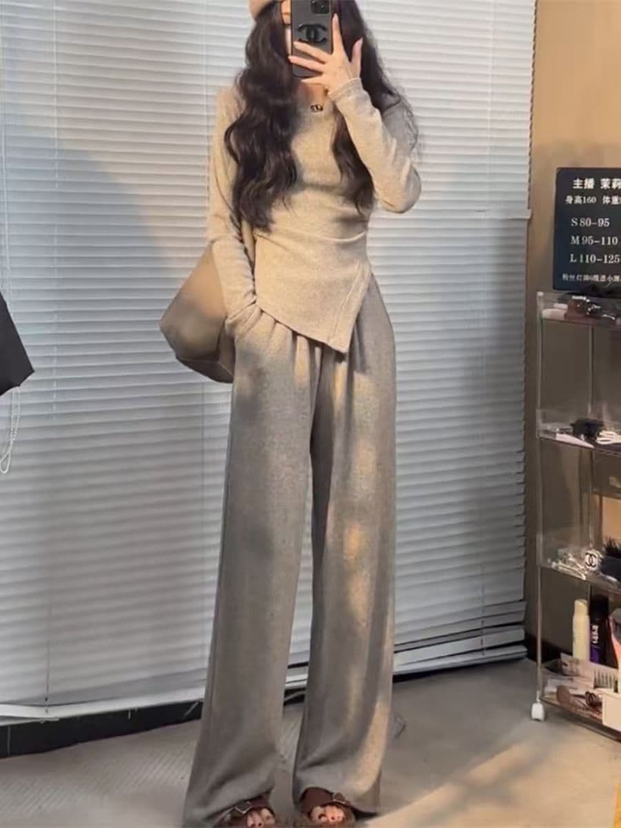몸매 가꾸기 맨위 라운드 넥 패션 세트 불규칙 2026 새로운 다용도 품격 봄 가을 스트레이트 캐주얼 투피스 세트 상세 이미지 5