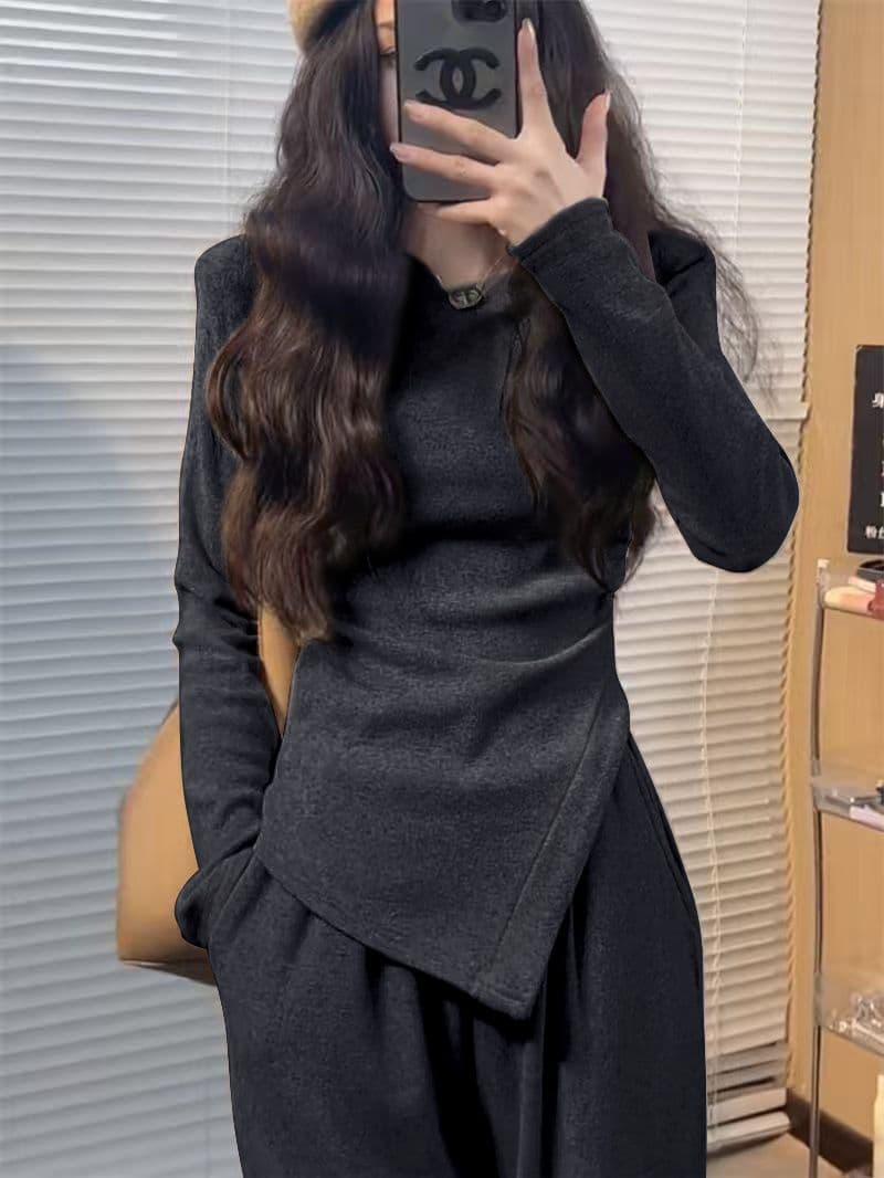몸매 가꾸기 맨위 라운드 넥 패션 세트 불규칙 2026 새로운 다용도 품격 봄 가을 스트레이트 캐주얼 투피스 세트 상세 이미지 20