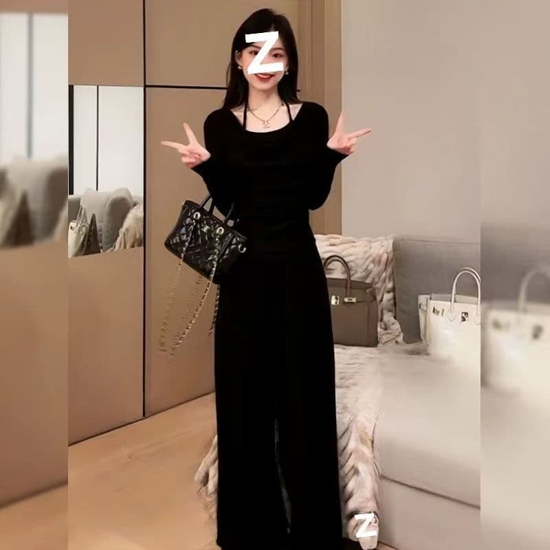 슬림해 보이는 순수한 욕망 바람 부드러운 흔들다 칼라 긴팔 두 조각 맨위 품격 캐주얼 다용도 하이웨이스트 넓은 긴 바지 패션 세트 이미지 3