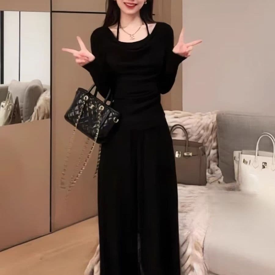 슬림해 보이는 순수한 욕망 바람 부드러운 흔들다 칼라 긴팔 두 조각 맨위 품격 캐주얼 다용도 하이웨이스트 넓은 긴 바지 패션 세트 이미지 4