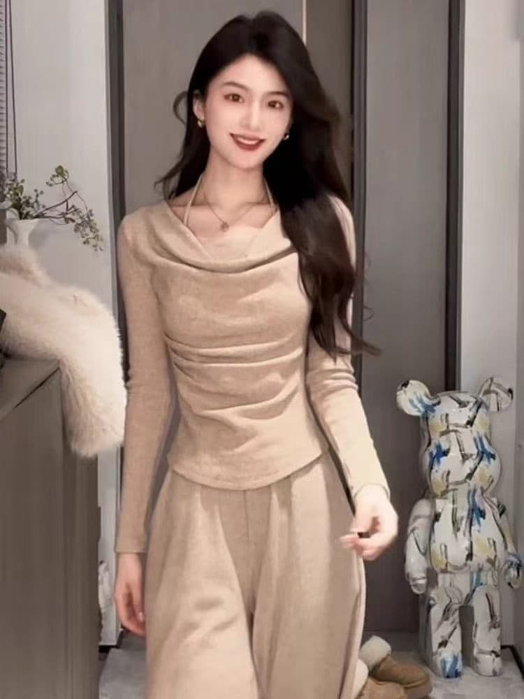 슬림해 보이는 순수한 욕망 바람 부드러운 흔들다 칼라 긴팔 두 조각 맨위 품격 캐주얼 다용도 하이웨이스트 넓은 긴 바지 패션 세트 상세 이미지 1