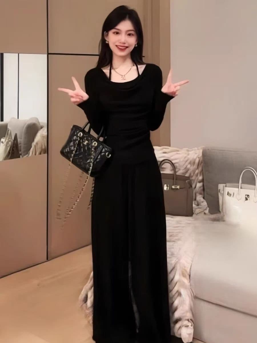 슬림해 보이는 순수한 욕망 바람 부드러운 흔들다 칼라 긴팔 두 조각 맨위 품격 캐주얼 다용도 하이웨이스트 넓은 긴 바지 패션 세트 상세 이미지 2