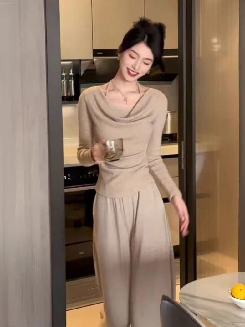 슬림해 보이는 순수한 욕망 바람 부드러운 흔들다 칼라 긴팔 두 조각 맨위 품격 캐주얼 다용도 하이웨이스트 넓은 긴 바지 패션 세트 상세 이미지 4