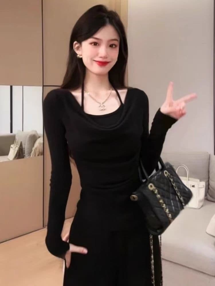슬림해 보이는 순수한 욕망 바람 부드러운 흔들다 칼라 긴팔 두 조각 맨위 품격 캐주얼 다용도 하이웨이스트 넓은 긴 바지 패션 세트 상세 이미지 5