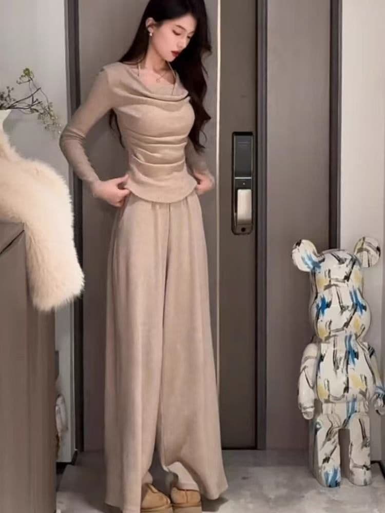 슬림해 보이는 순수한 욕망 바람 부드러운 흔들다 칼라 긴팔 두 조각 맨위 품격 캐주얼 다용도 하이웨이스트 넓은 긴 바지 패션 세트 상세 이미지 6