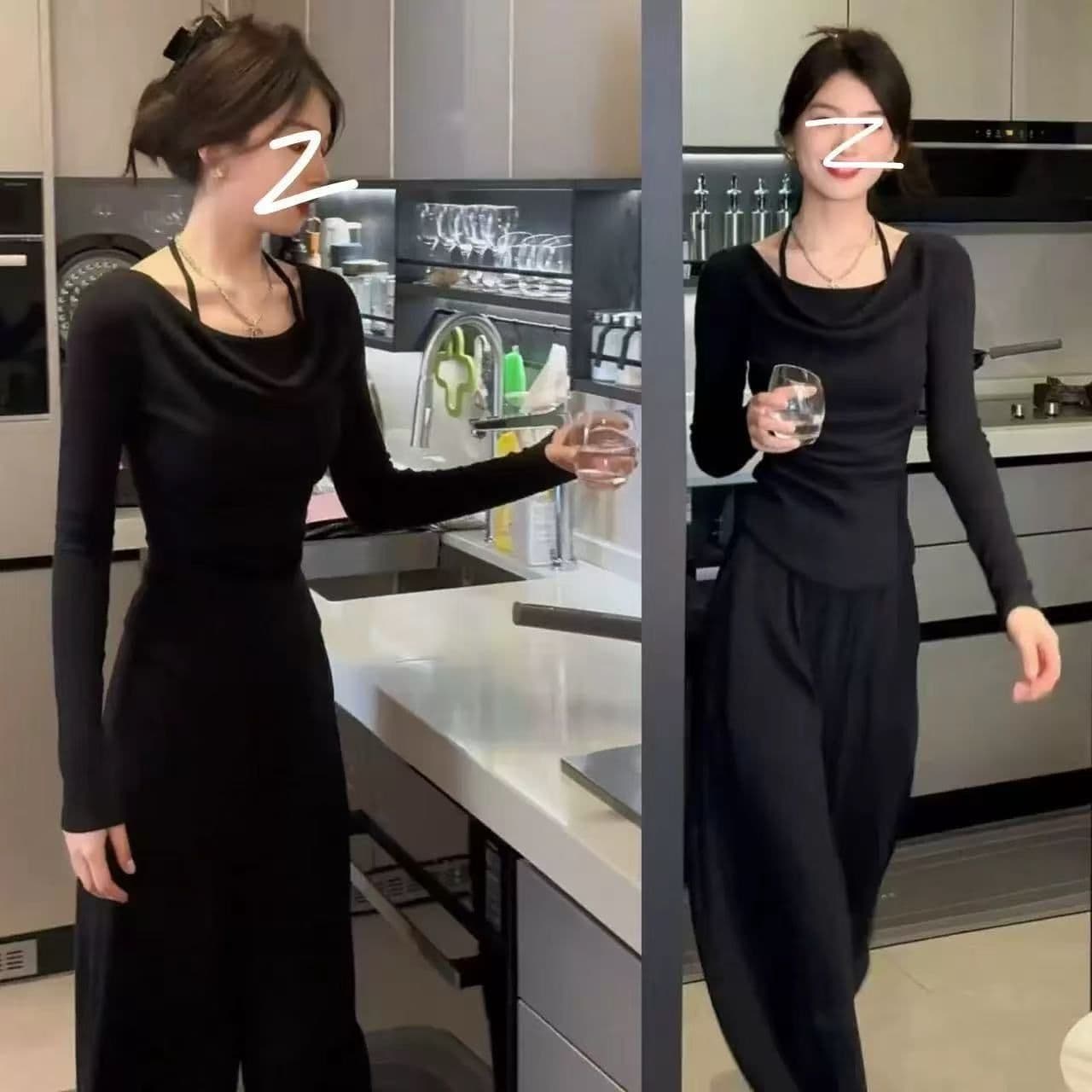 슬림해 보이는 순수한 욕망 바람 부드러운 흔들다 칼라 긴팔 두 조각 맨위 품격 캐주얼 다용도 하이웨이스트 넓은 긴 바지 패션 세트 상세 이미지 9