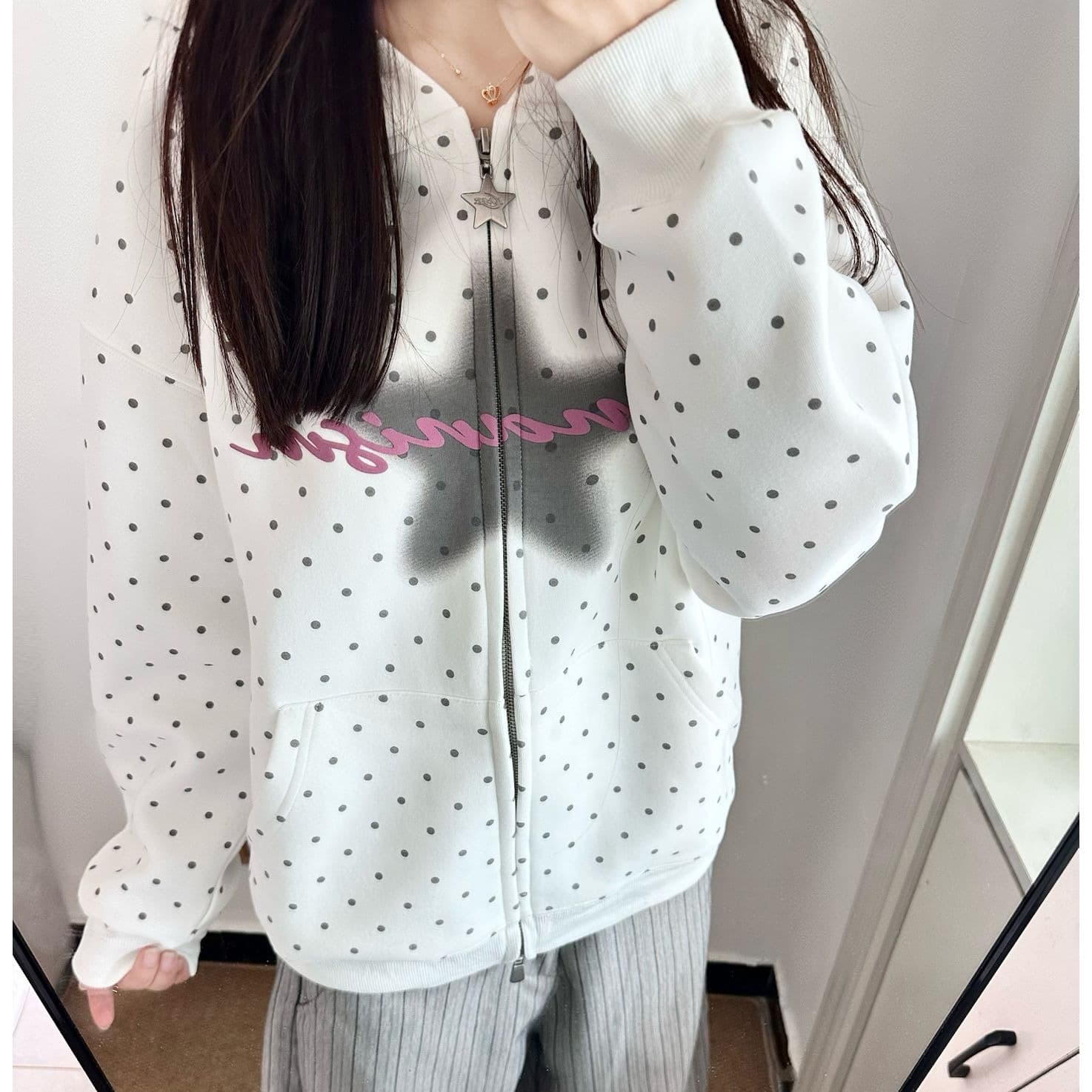얇은 스타일 발 330 그램 백금 지퍼 이후 패키지 칼라 순수한 Mianhua 면 복합 후드티 여성 이미지 5