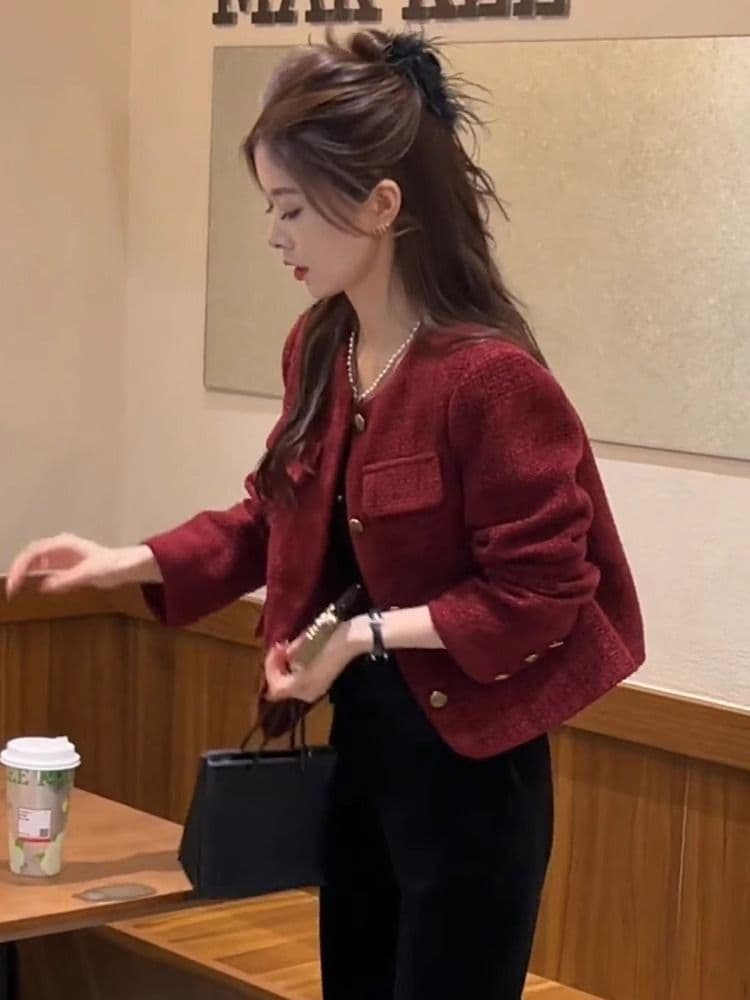 빨간색 작은 샤넬 스타일 여성 코트 2025 새로운 폭발 가을 겨울 외국 가스 빛 럭셔리 품격 고급 센스 슈퍼 잘 생긴 맨위 이미지 3