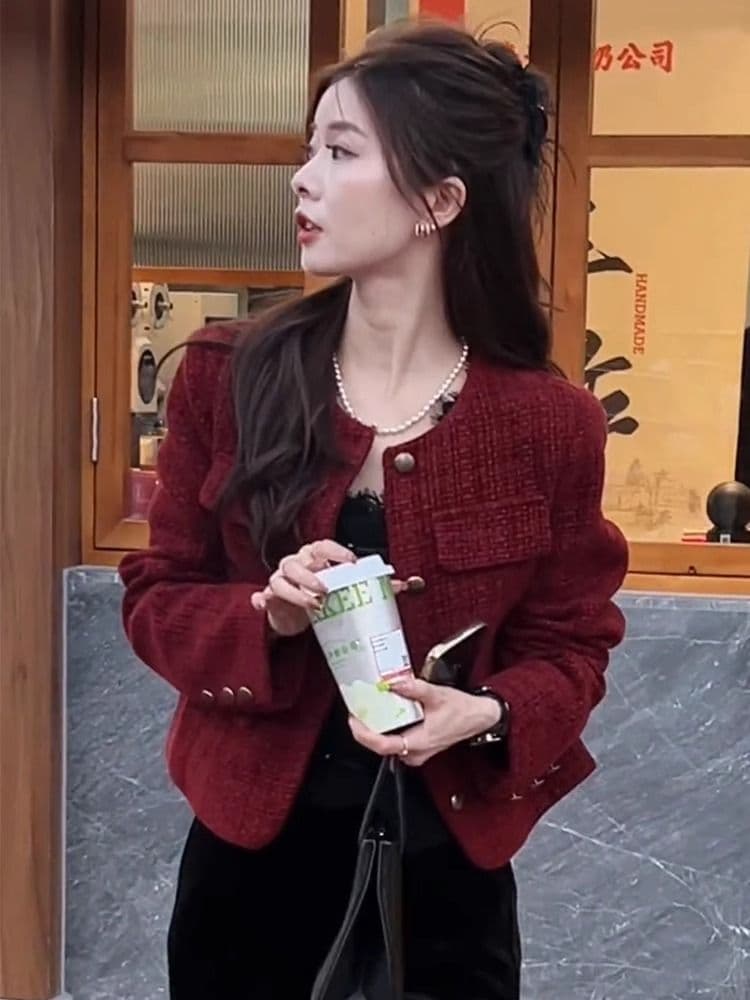 빨간색 작은 샤넬 스타일 여성 코트 2025 새로운 폭발 가을 겨울 외국 가스 빛 럭셔리 품격 고급 센스 슈퍼 잘 생긴 맨위 상세 이미지 2
