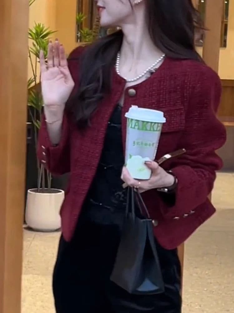 빨간색 작은 샤넬 스타일 여성 코트 2025 새로운 폭발 가을 겨울 외국 가스 빛 럭셔리 품격 고급 센스 슈퍼 잘 생긴 맨위 상세 이미지 4