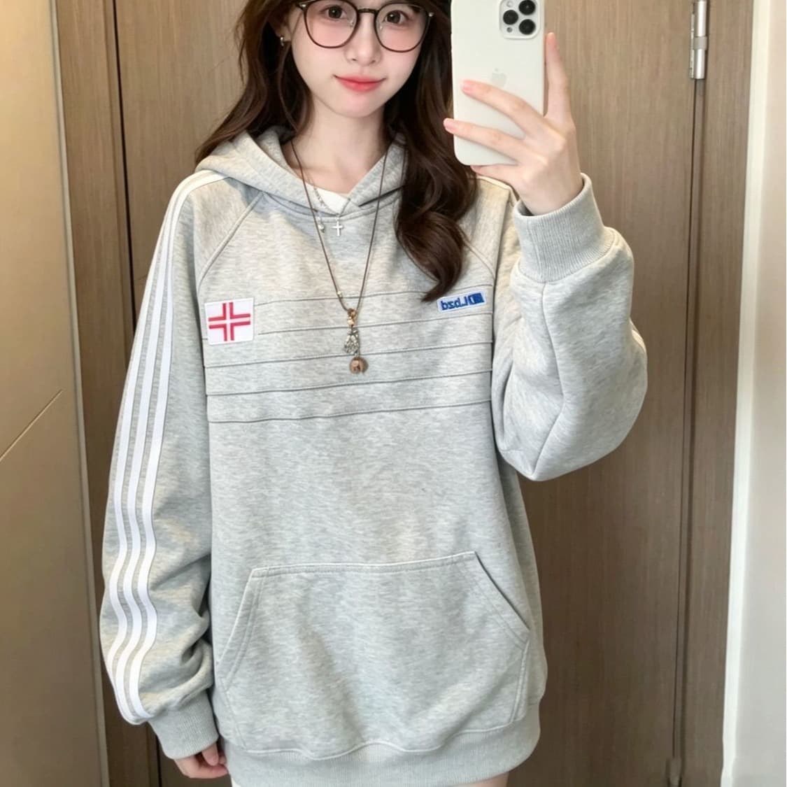 얇은 스타일 압력 라인 이후 패키지 칼라 순수한 Mianhua 면 복합 후드티 여성 이미지 5