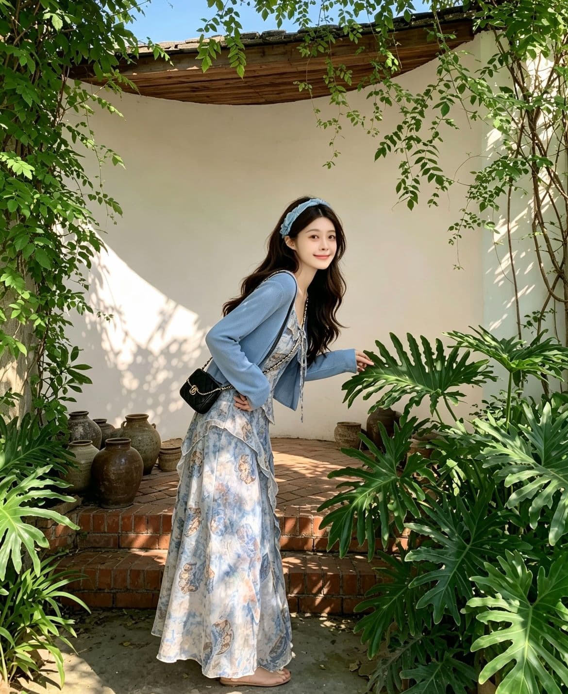 여름 ootd 착용 가져 가라. 보헤미안 쉬폰 슬립 드레스 니트 오픈 가디건 고유 한 아름다운 세트 이미지 2