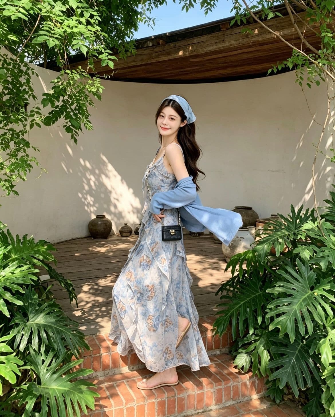 여름 ootd 착용 가져 가라. 보헤미안 쉬폰 슬립 드레스 니트 오픈 가디건 고유 한 아름다운 세트 이미지 3
