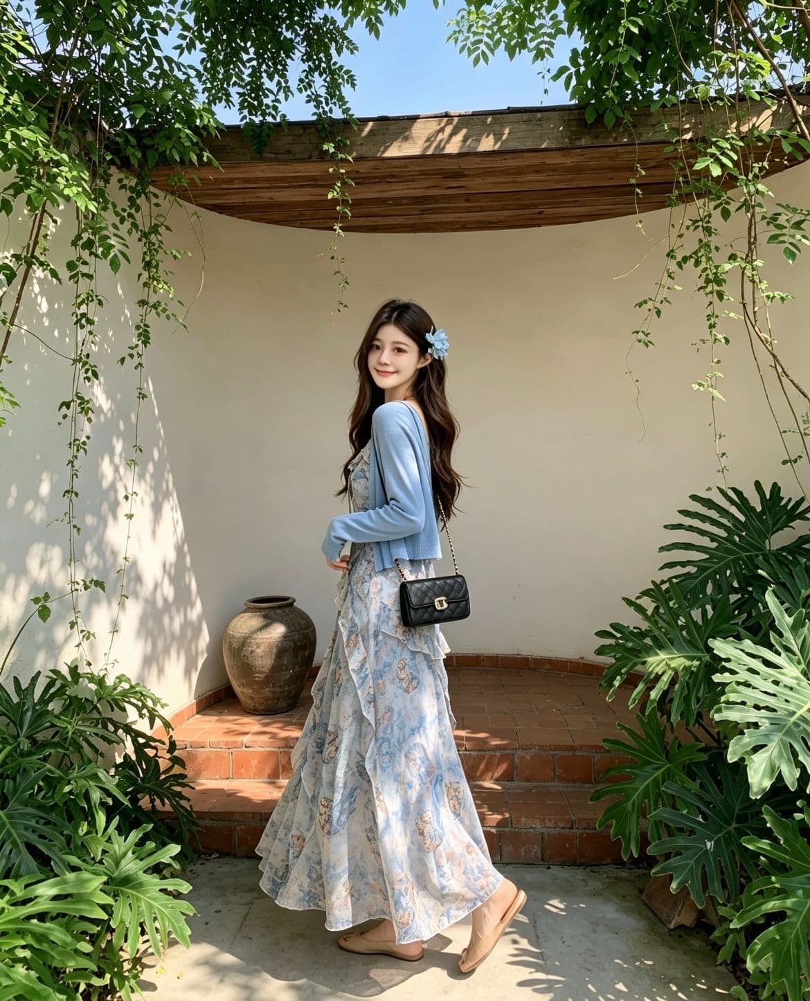 여름 ootd 착용 가져 가라. 보헤미안 쉬폰 슬립 드레스 니트 오픈 가디건 고유 한 아름다운 세트 상세 이미지 1