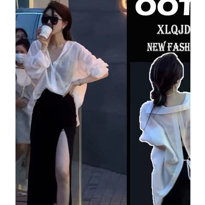 인터넷 유명인 튀김 거리 세트 여성 여름 스트랩 자외선 차단 의류 셔츠 트임 반신 스커트 올해 인기 폭발 투피스 세트 이미지 4