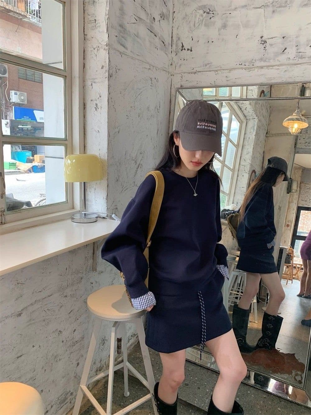 블루 색상 후드티 미니 스커트 두 조각 여성 세트 2026 가을 miu 부서 패션 캐주얼 루즈핏 슬림해 보이는 품격 세트 상세 이미지 18