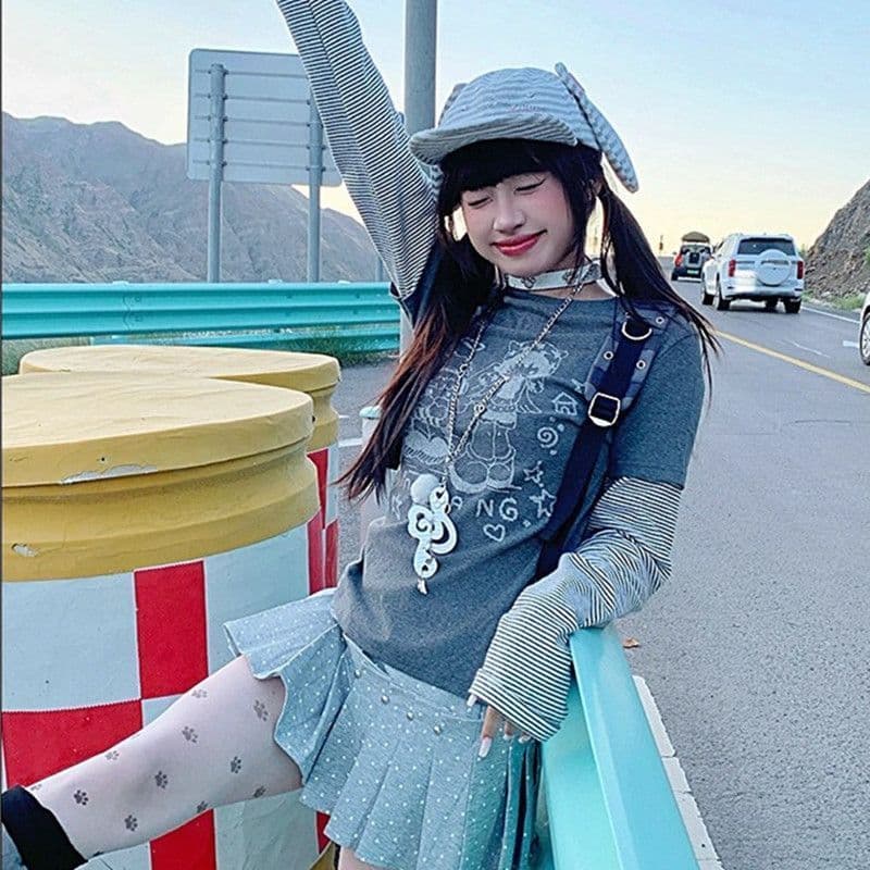 40 1 1 좋은 면 210 그램 페이크 레이어드 스트라이프 배색 만화 프린트 긴팔 티셔츠 여성 짧은 기본 셔츠 이미지 2