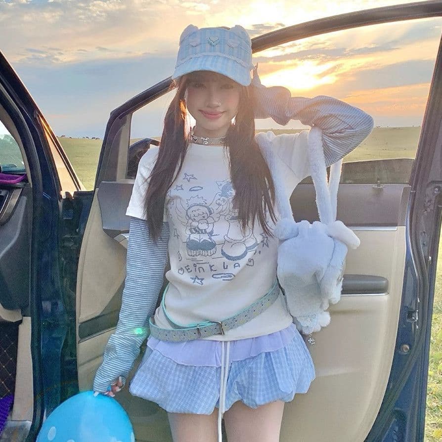 40 1 1 좋은 면 210 그램 페이크 레이어드 스트라이프 배색 만화 프린트 긴팔 티셔츠 여성 짧은 기본 셔츠 상세 이미지 3