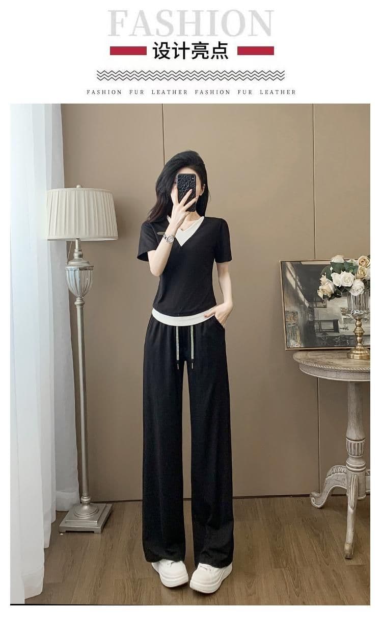 이후 패키지 칼라 전체 조각 세트 뜨거운 주간 고양이 흔들어서 톤 품질 후아 면 순면 복합 우유 실크 V넥 세트 여성 상세 이미지 8