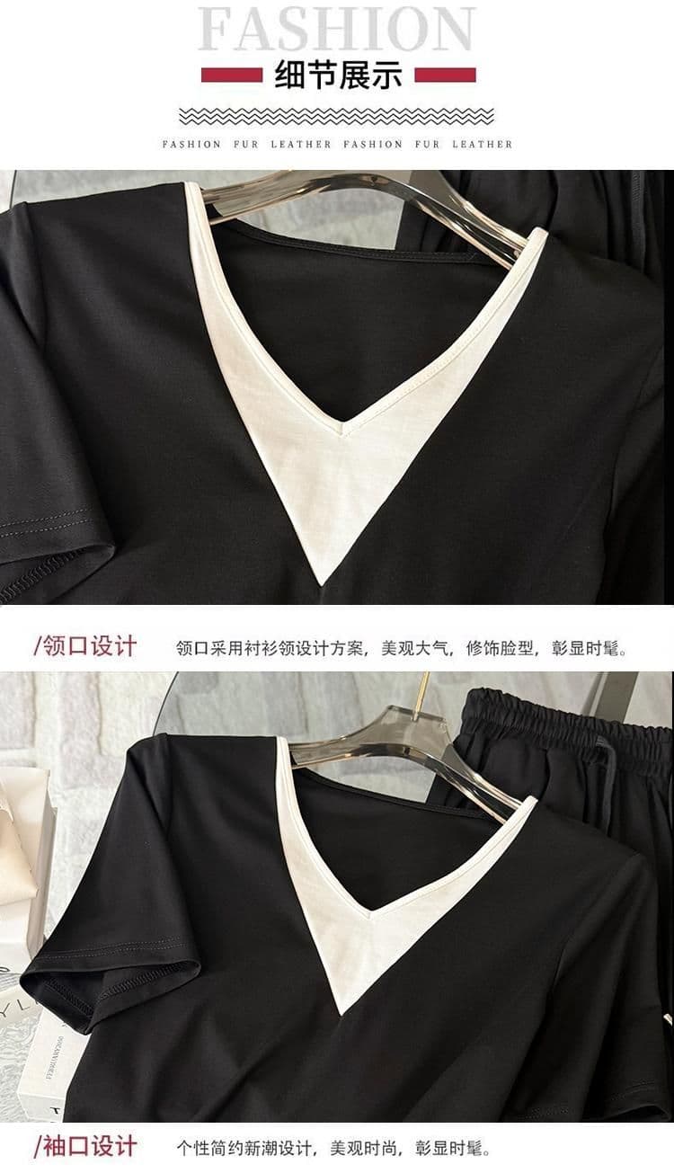 이후 패키지 칼라 전체 조각 세트 뜨거운 주간 고양이 흔들어서 톤 품질 후아 면 순면 복합 우유 실크 V넥 세트 여성 상세 이미지 9
