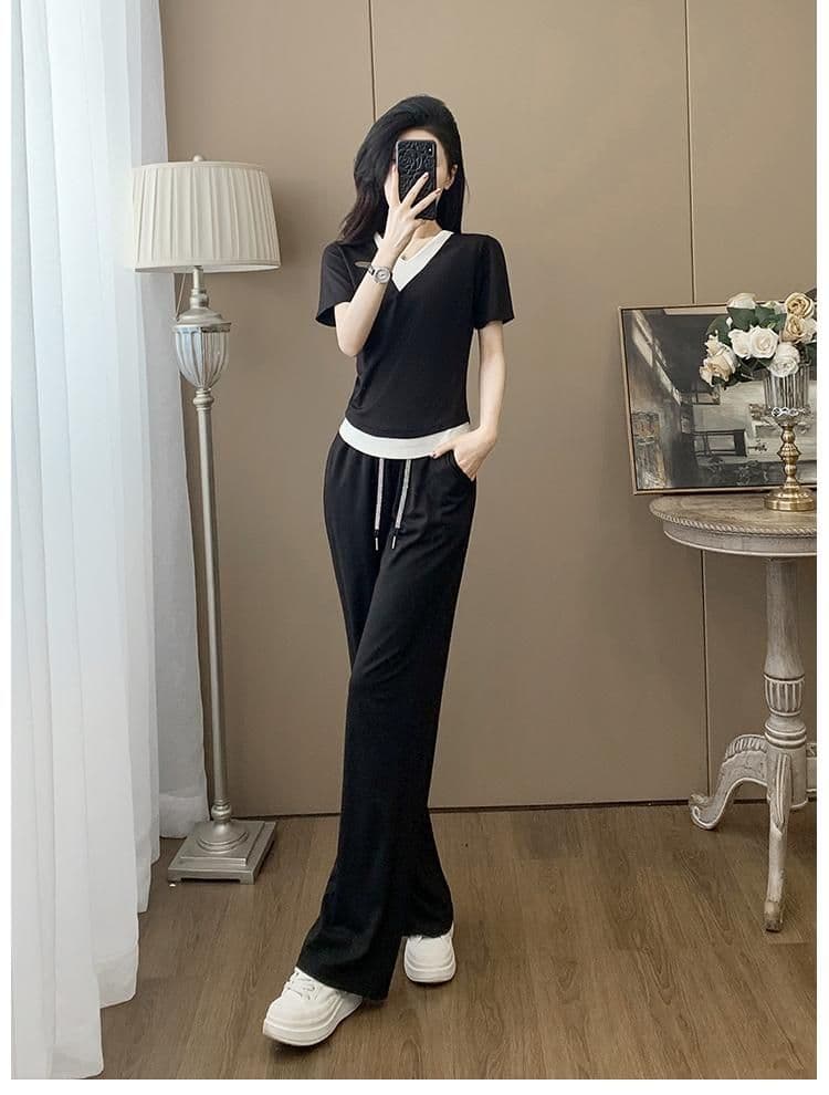 이후 패키지 칼라 전체 조각 세트 뜨거운 주간 고양이 흔들어서 톤 품질 후아 면 순면 복합 우유 실크 V넥 세트 여성 상세 이미지 16