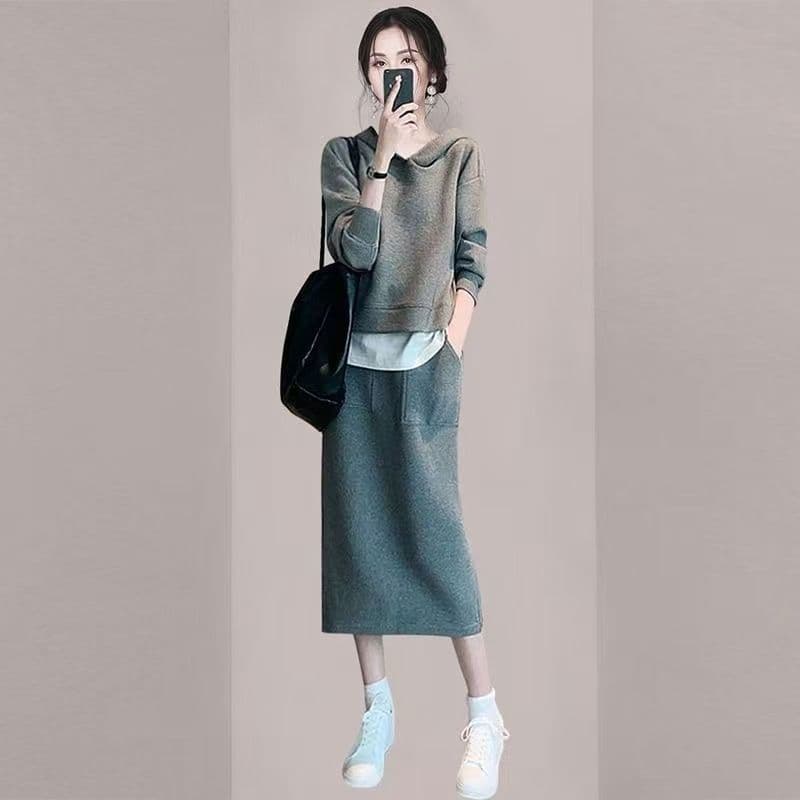 빅 사이즈 캐주얼 스포츠 슈트 여성 가을 새로운 후드 티 스웨터 반신 스커트 투피스 세트 상세 이미지 1