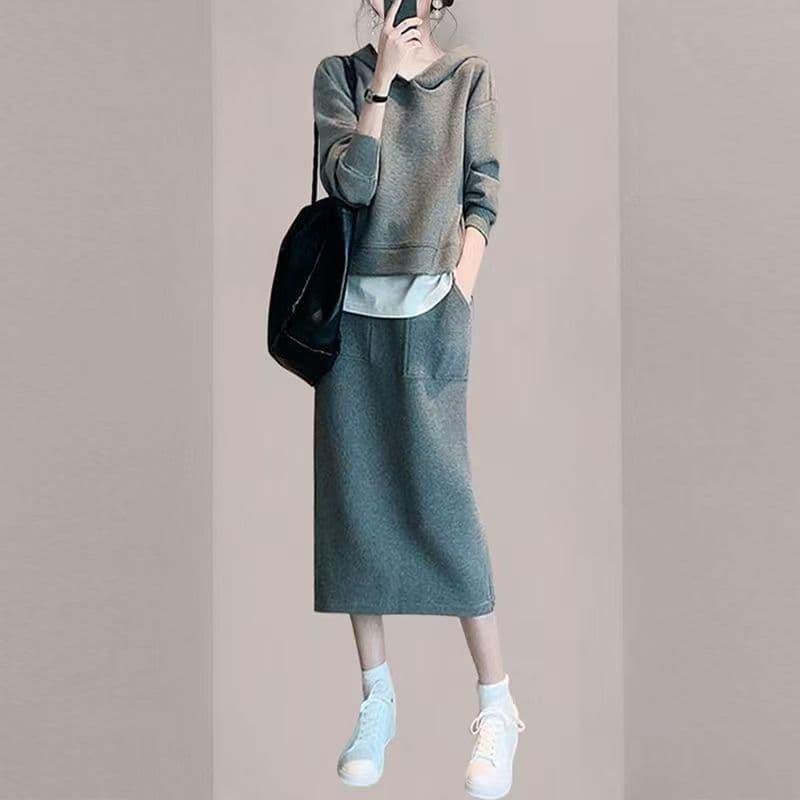 빅 사이즈 캐주얼 스포츠 슈트 여성 가을 새로운 후드 티 스웨터 반신 스커트 투피스 세트 상세 이미지 2