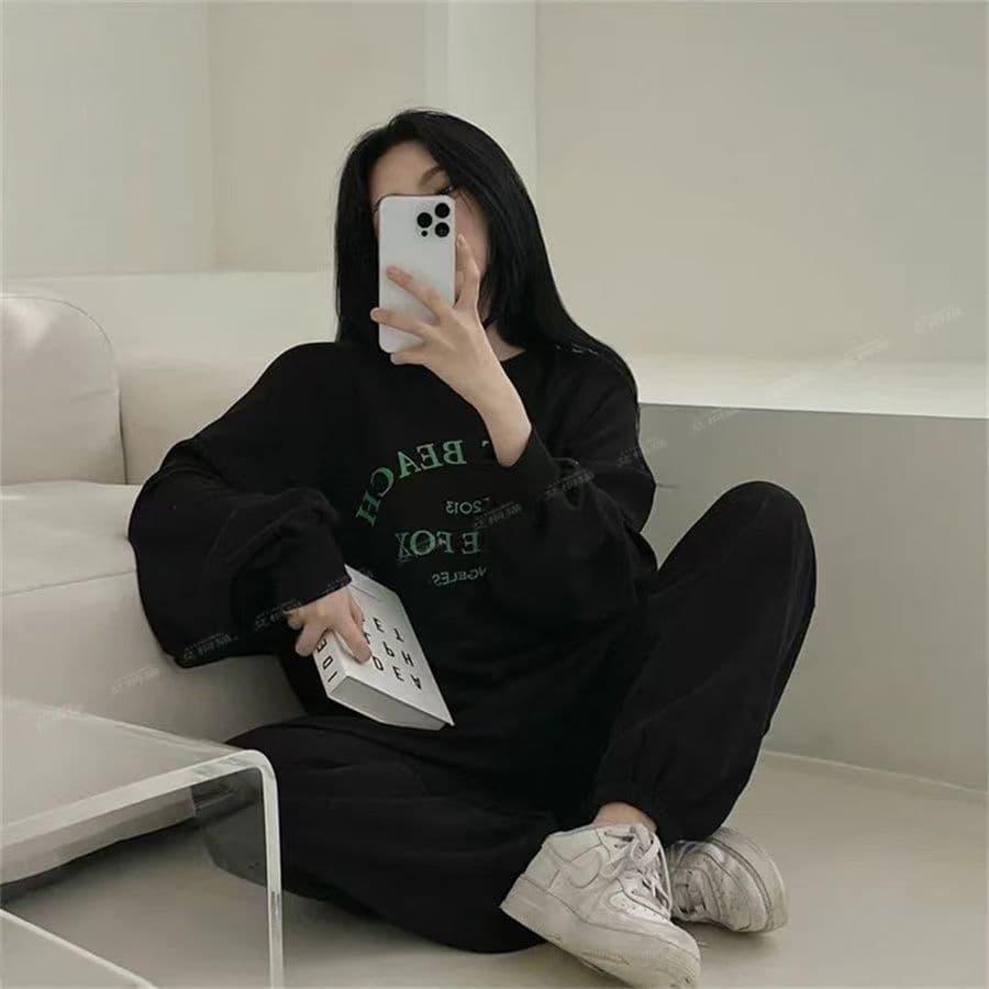 통통한 여동생 이른 가을 운동 캐주얼 학생 세트 여성 루즈핏 후드티 웨이 바지 투피스 세트 봄 한국 스타일 상세 이미지 2
