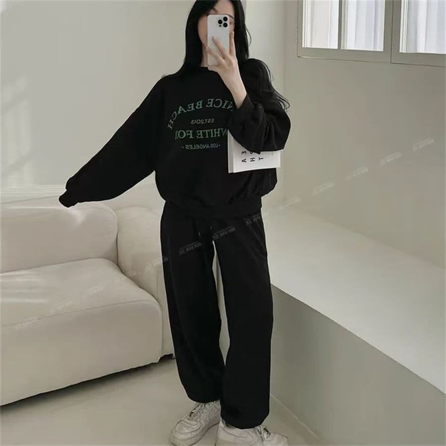 통통한 여동생 이른 가을 운동 캐주얼 학생 세트 여성 루즈핏 후드티 웨이 바지 투피스 세트 봄 한국 스타일 상세 이미지 3