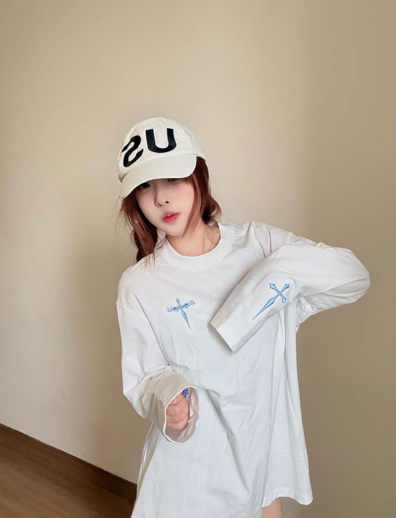 자수 접착제 표준 원본 솜씨 순면 220 그램 긴팔 티셔츠 여성