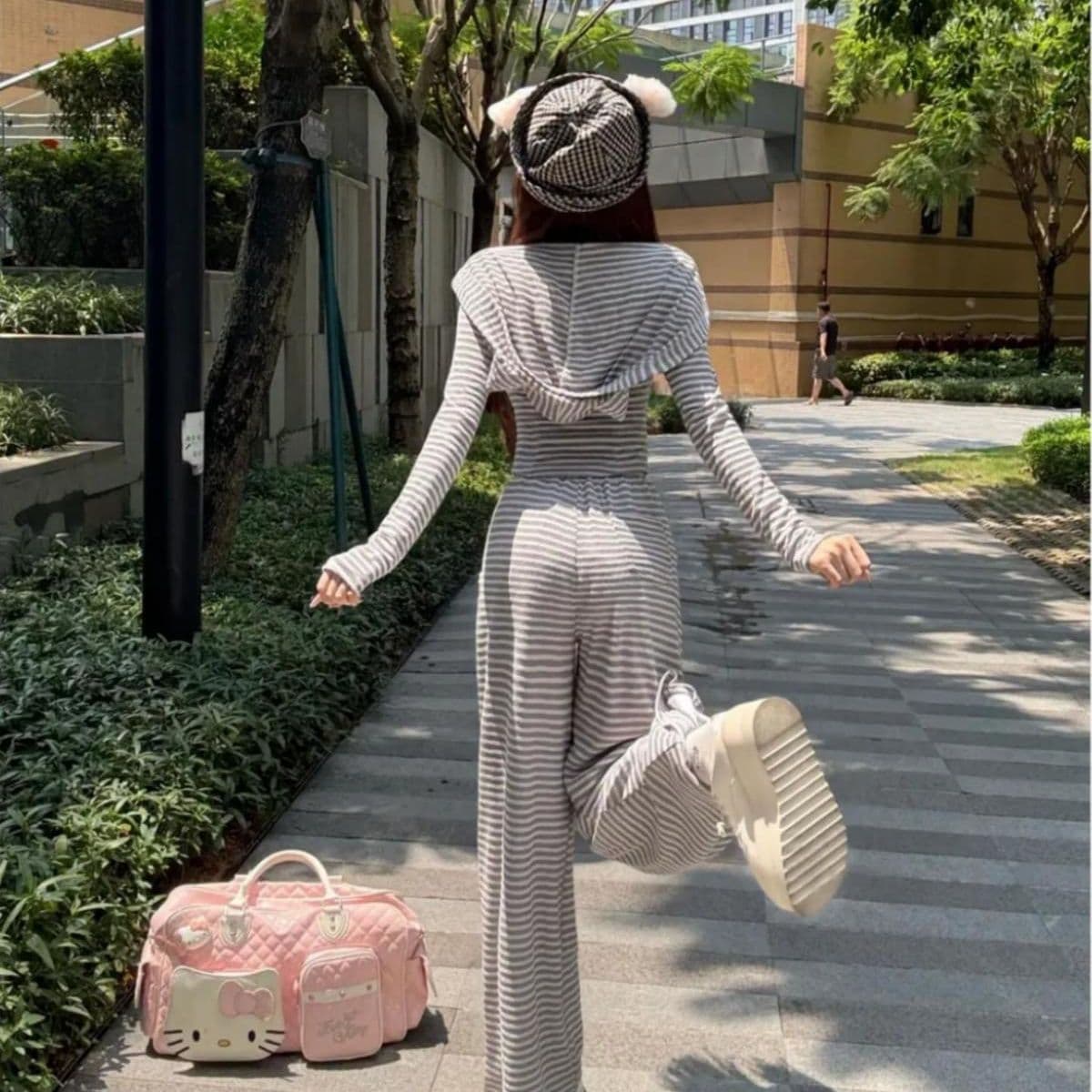 원단 차가운 실크 코튼 리브 1 1 토끼 귀 후드 오픈 가디건 세트 캐주얼 느긋한 투피스 세트 이미지 5